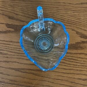 Vintage Anchor Hocking Turquoise Blue Glass‎ Finger Handle Bowl MCM Leaf Shape